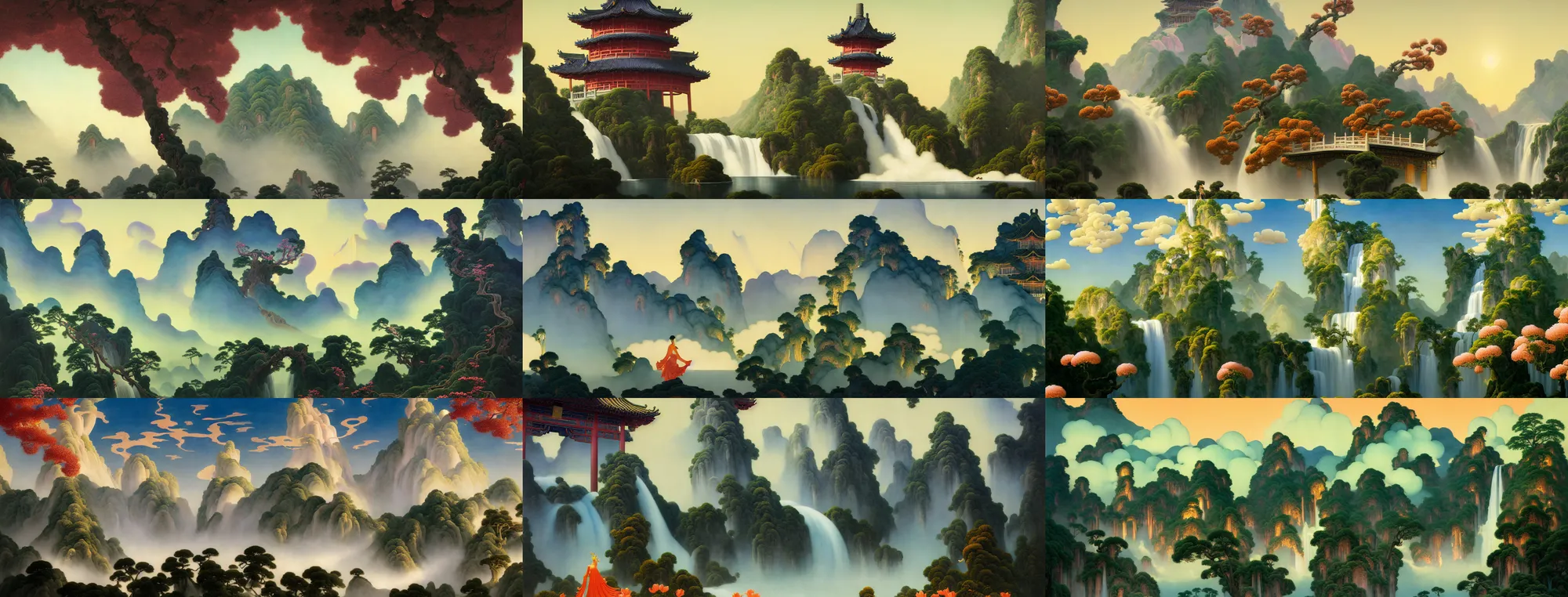 Image similar to a gorgeous painting by barlowe wayne, maxfield parrish and marco mazzoni. chinese style misty clouds. xanadu chinese temple on a platform that extends over a great waterfall, just one huge tallest magnificent peach blossom tree glowing, bridge. ultra clear detailed. 3 d, octane render. 8 k.