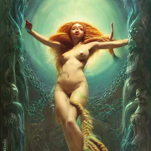 Image similar to birth of mami wata, sumerian goddess inanna ishtar, ashteroth, techno mystic goddess princess intergalactica, with aqua neon rapunzel dreadlocks, mami wata, detailed, by gaston bussiere, bayard wu, greg rutkowski, giger, maxim verehin, greg rutkowski, masterpiece, sharp focus,