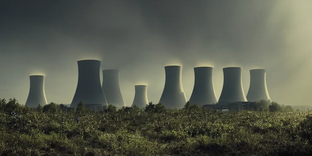 Prompt: nuclear power plant with cooling towers, lost place photo, sunrays, apocalyptic, mist, volumetric lights, wilderness, distropic, dirt, dramatic, cinematic, 8K, trending on artstation