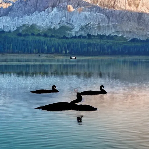 Image similar to photo of two black swans swimming in a beautiful reflective mountain lake, touching heads, forming a heart with their necks, a colorful hot air balloon is flying above the swans, hot air balloon, intricate, 8k highly professionally detailed, HDR, CGsociety