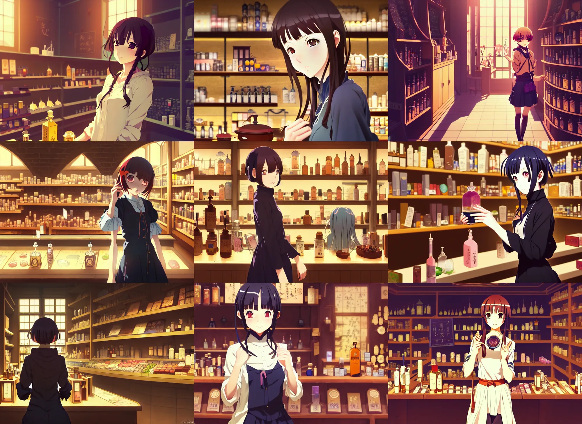 Prompt: anime visual, portrait of a young female traveler in a alchemist's potion shop interior shopping, low light, cute face by ilya kuvshinov, yoh yoshinari, makoto shinkai, katsura masakazu, dynamic pose, dynamic perspective, cel shaded, flat shading mucha, crisp smooth clean lines, rounded eyes, moody