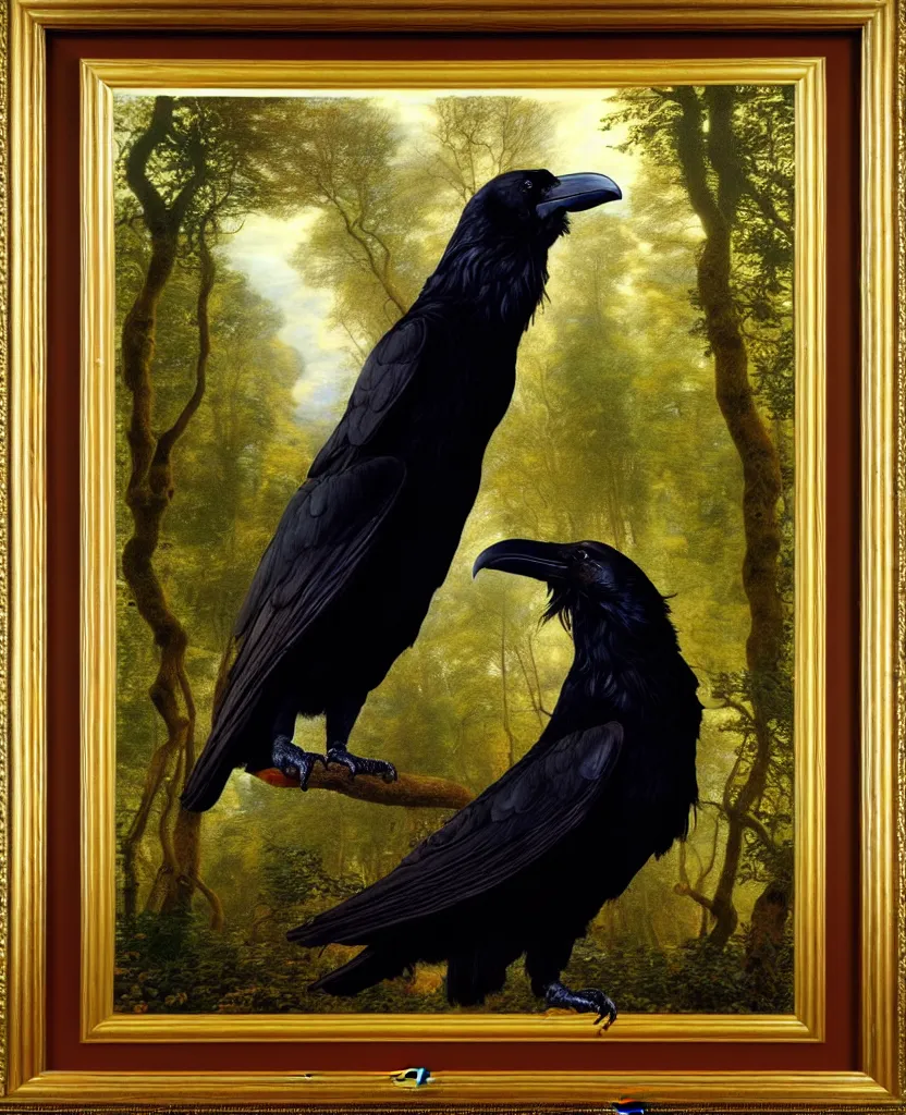 Image similar to a breathtakingly stunningly pre raphaelite beautifully highly detailed animal portrait of a majestic raven, in an forest with arch and smokey reflections, framed, by rosetti and devinci and michael cheval and sidney cooper and turner, 4 k