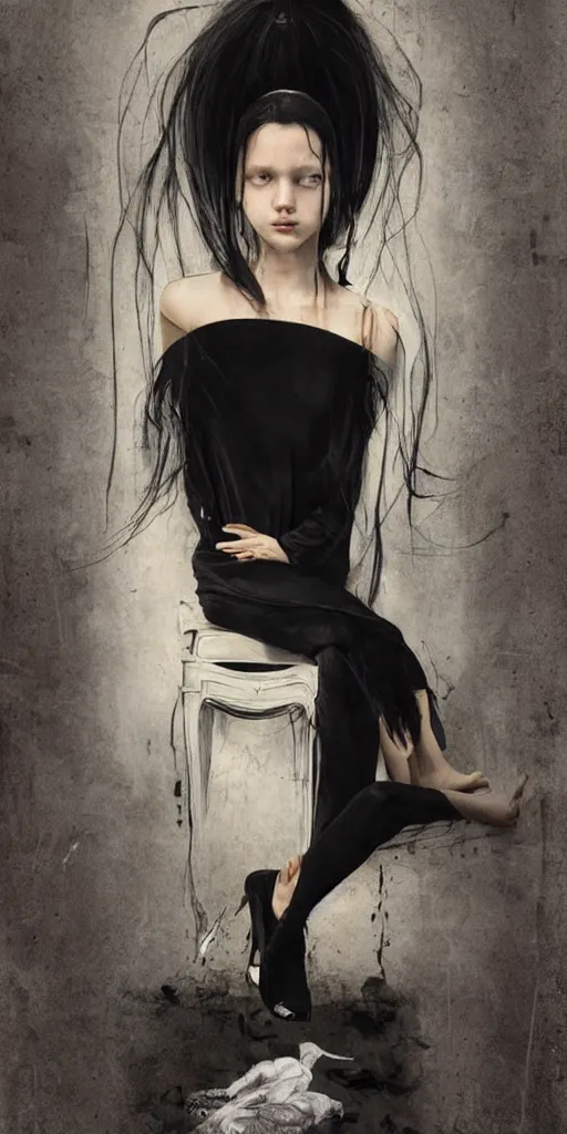 Image similar to a young girl with straight long black hair wearing black dress sitting in bathroom floor, poster by artgem, greg rutkowski and mario testino