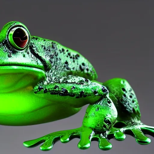 Image similar to A frog made of high-tech metal with green neon lights, highly-detailed, accurate, 3D render