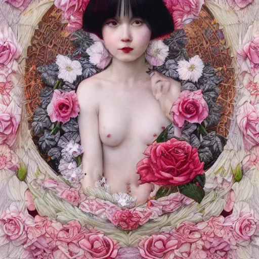 Image similar to white cat girl, botanical, rose, portrait face, colorful, frantisek kupka, intricate, miles johnston, kuroda seiki, cynical realism, ozabu, john william godward, painterly, yoshitaka amano, moebius, miles johnston, louise zhang, james jean, mark ryden lowbrow pop surrealism art style