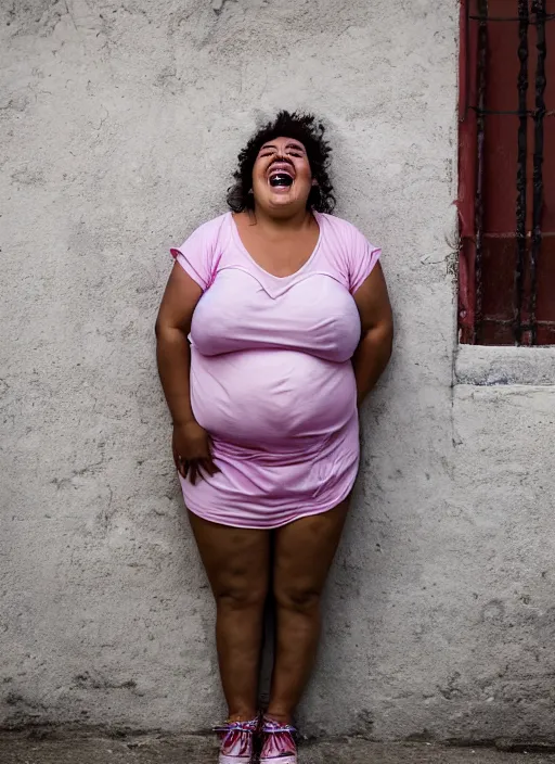 Image similar to Mid-shot portrait of a beautiful, chubby, 30-year-old woman from Cuba, smiling, candid street portrait in the style of Martin Schoeller, award winning, Sony a7R