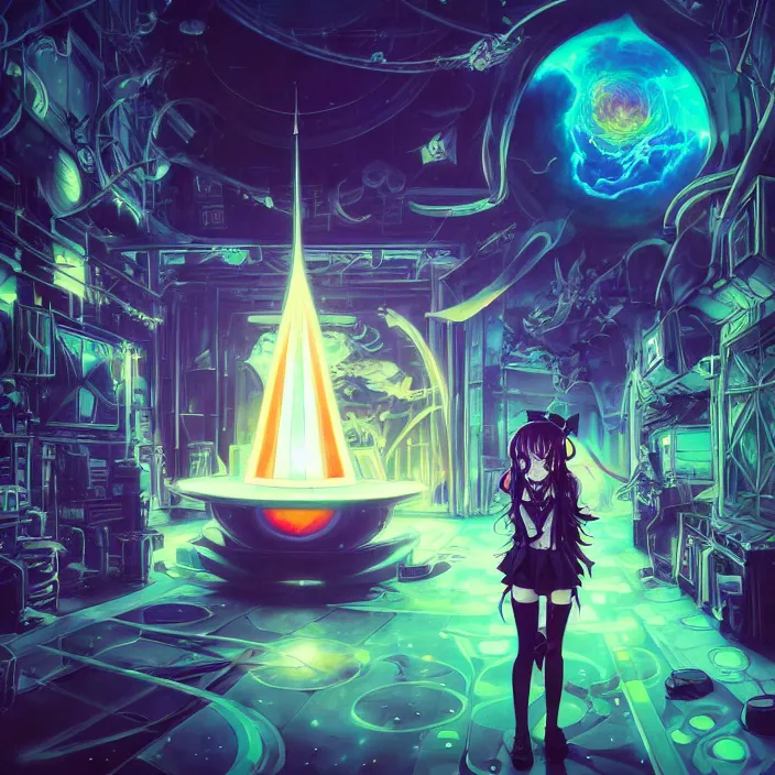 Image similar to Albedo from overlord, mamimi samejima, psychedelic background, epcot, inside a space station, eye of providence, female anime character, Lain, uwu, uwu, Luminism, Tomas Sanchez, Karla Knight, surrealism, Simon Stålenhag, M. C. Escher, Ruan Jia, uwu Hi-Fructose, Artstation, HD, HDR, High Resolution, technological rings, giygas