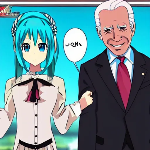 Prompt: anime depiction of Joe Biden marrying Hatsune Miku