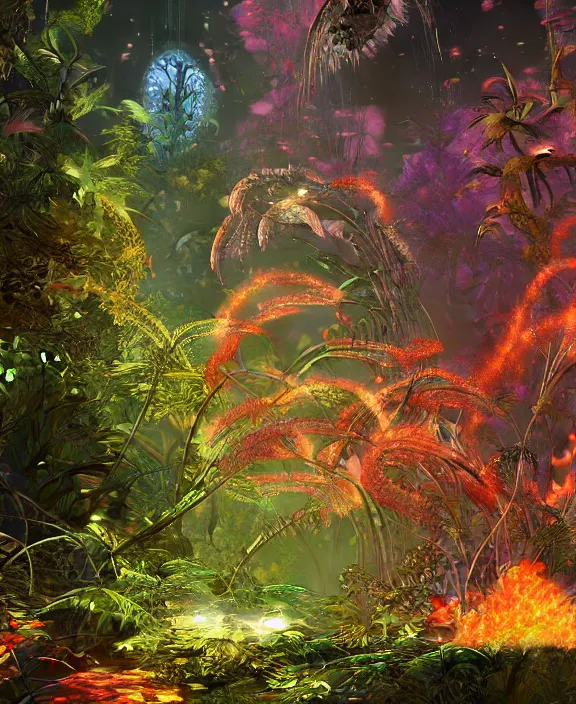 Image similar to intricate transparent clear see - through image of fire, lush botany, robotic environment, colorful psychedelic, ultra realistic, concept art, art nouveau, photorealistic, octane render, 8 k, unreal engine. art by nori inoguchi and sam kaplan and zachary goulko and christopher marley