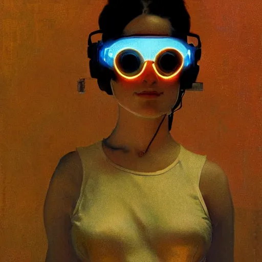 Image similar to cyberpunk woman with glowing goggles, by norman rockwell