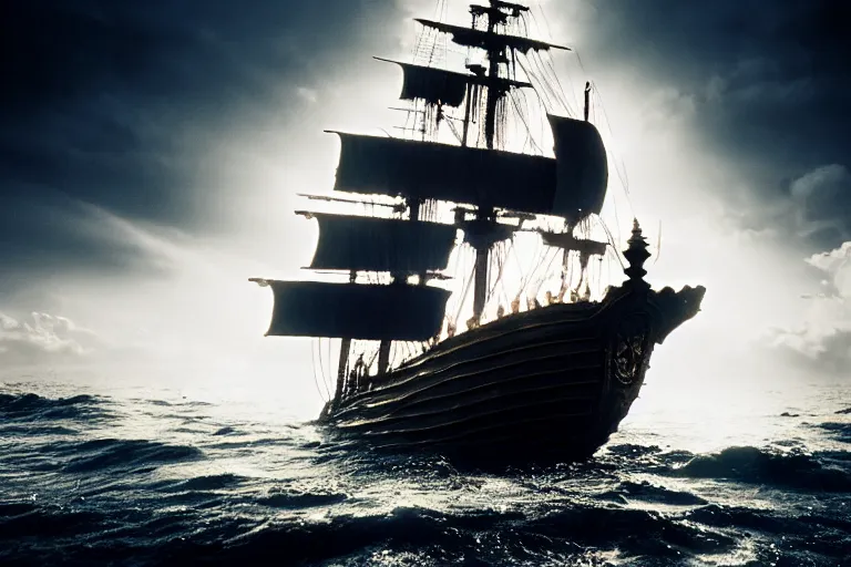 Prompt: the black pearl from pirates of the caribbean sailing across rough and cruel seas, volumetric lighting, f 8 aperture, cinematic eastman 5 3 8 4 film