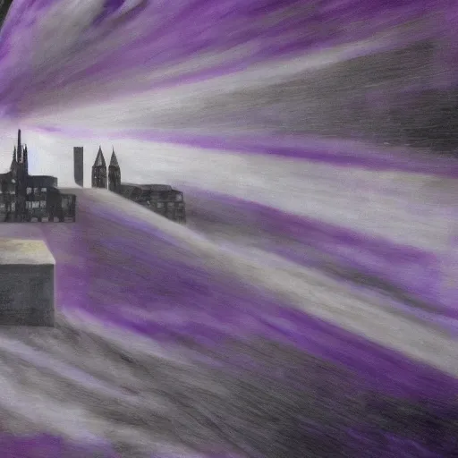 Image similar to a dark matter wind and dust pieces of purple sky with a white sun falls to the ground and breaks into fragments, metallic light, futurism, schizophrenia, hyperrealistic fall, limbo, the adolf hitler castle
