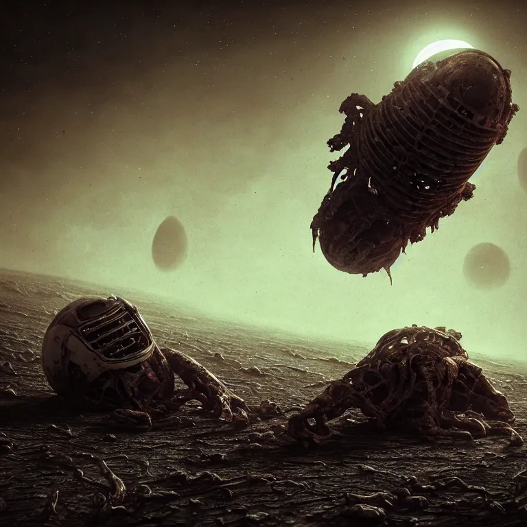 Prompt: ribbed abandoned biomechanical organic crashed spaceman astronaut spaceship on exoplanet at night, in a desolate empty wasteland, covered with organic flesh, meat, creepy, nightmare, dream-like heavy atmosphere, surreal abandoned buildings, baroque painting, beautiful detailed intricate insanely detailed octane render trending on Artstation, 8K artistic photography, photorealistic, chiaroscuro, cinematic volumetric light, Raphael, Caravaggio, Beksinski, Giger