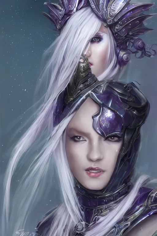 Prompt: portrait evilly white hair knights of Zodiac girl, metalic deep purple and black reflected armor, in ruined Agora of Athens thunder sparkling flash night, ssci-fi, fantasy, intricate, very very beautiful, elegant, highly detailed, digital painting, artstation, concept art, smooth, sharp focus, illustration, art by tian zi and WLOP and alphonse mucha