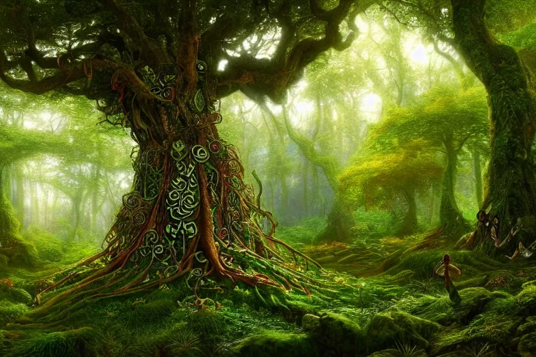 Prompt: a beautiful and highly detailed digital painting of a celtic elven tree in a lush forest, psychedelic patterns, celtic, intricate details, epic scale, 8 k, sharp focus, photorealism, artstation, cgsociety, by caspar friedrich, albert bierstadt, james gurney, brian froud,