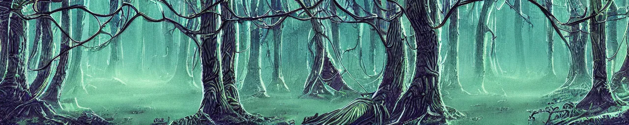 Image similar to detailed, retro sci-fi alien forest