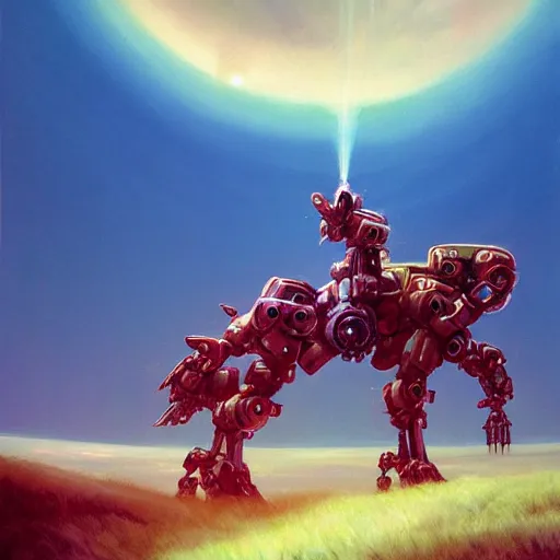Prompt: Magnificent mecha-horse hybrid by Roger Dean, by Dean Ellis, by Anton Fadeev, magical realism, mecha, horse, oil on canvas, soft render, octane
