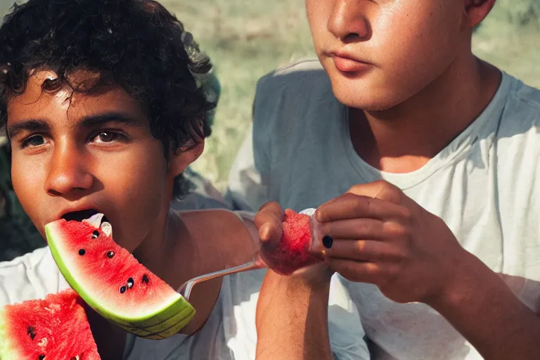 Prompt: closeup portrait of a young man punching a watermelon into a smoothie, magazine, press, photo, steve mccurry, david lazar, canon, nikon, focus