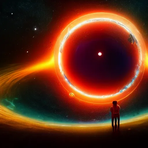 Image similar to glowing glorious 3D black hole in movie, intergalactic, space theme, galaxy colored, hyperdetailed, digital painting, trending on Artstation, cel-shading style, CG society, hyperdetailed, digital painting, hypermaximalist, golden ratio, volumetric, octane render, weta digital, micro details, 3d sculpture