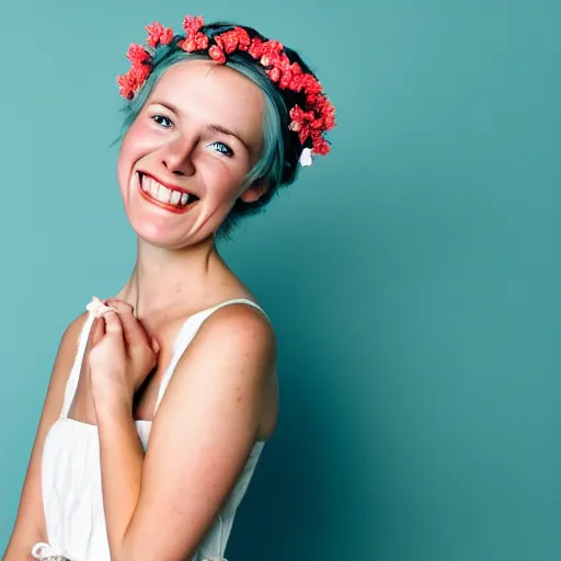 Image similar to a photograph of beautiful nordic woman, duchenne smile, wearing a white folkdrakt dress, she has a summer flower headband. against a teal studio backdrop. strong kodak portra 4 0 0 film look. film grain. cinematic. in - focus