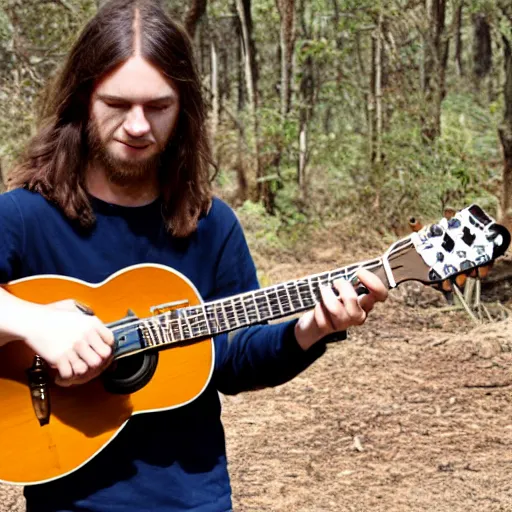 Image similar to a photo of a young man with long hair playing mandolin in the wilderness