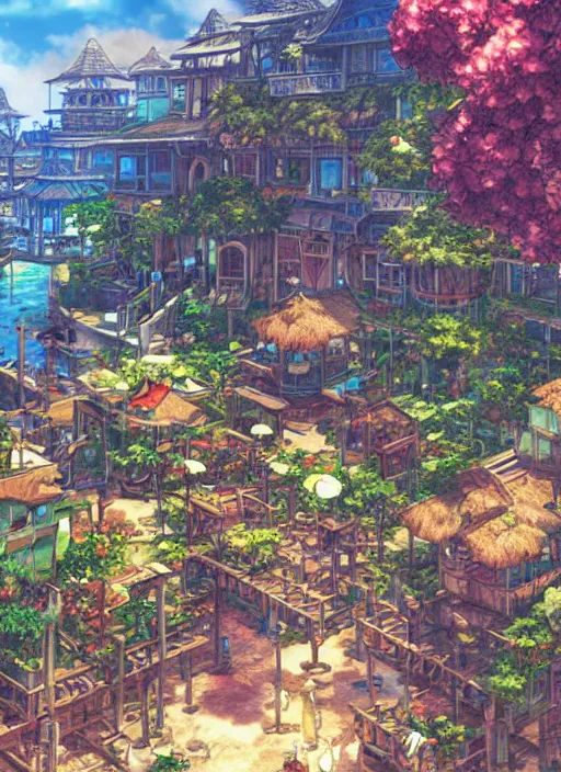 Image similar to Fantasy tropical port town. hidari, color page, tankoban, 4K, tone mapping, Akihiko Yoshida.