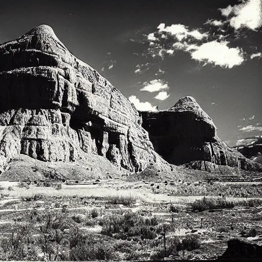 Prompt: “photograph of the valley of the dinosaurs, by Ansel Adams, high contrast, old photo, vignette”