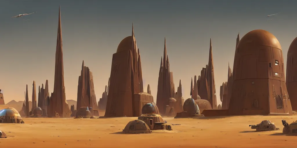 Prompt: tall spire military base surrounded by short city buildings and huts, sand dunes, desert planet, war, star wars, warhammer 4 0 k, retro futurism, art deco, ralph mcquarrie, simon stalenhag