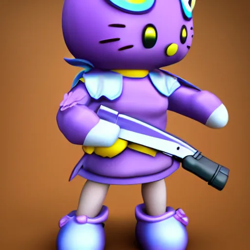 Image similar to evil mean hello kitty holding a weapon, 3d render, gun, knife, purple paint splatter, sanrio, parody, behance, HD render, unity, cinematic Trending on artstation.