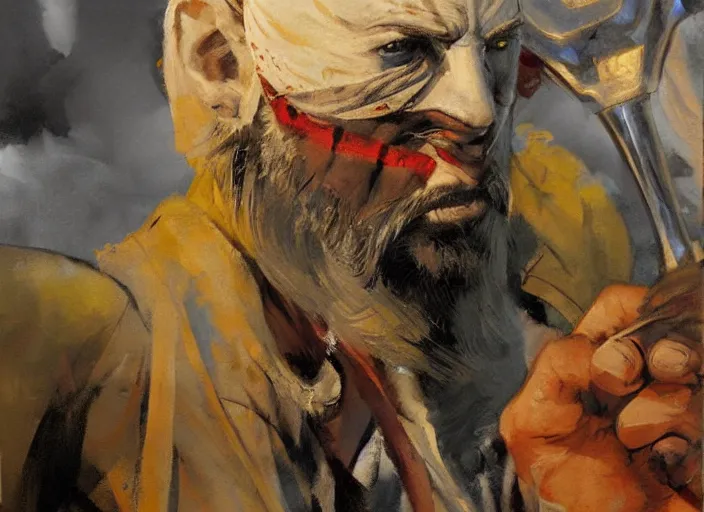 Image similar to a highly detailed beautiful painting of a homeless man as kratos, by gregory manchess, james gurney, james jean