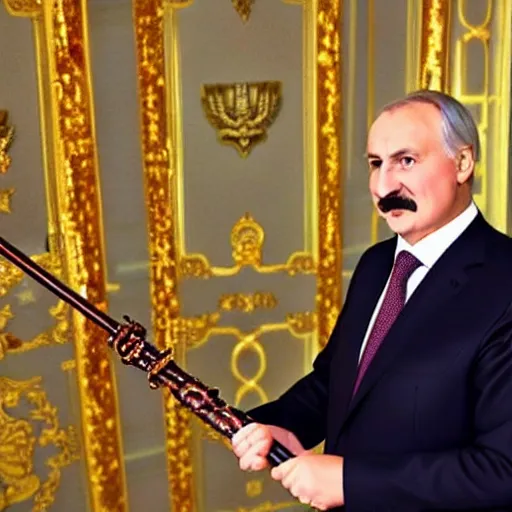 Image similar to president of belorussia, alexander lukashenko with golden long wand in his hands in anime style, sailor moon, anime, perfect faces, fine details