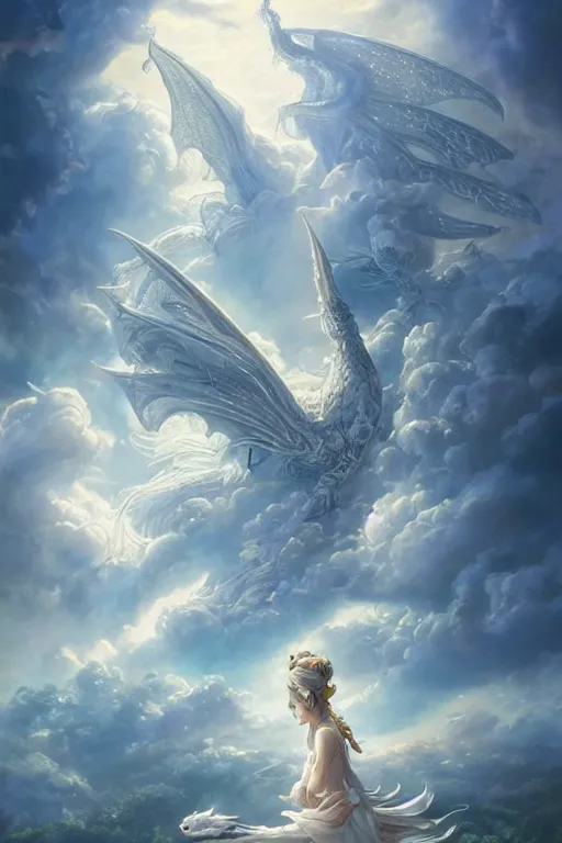 Prompt: beautiful scene render that a princess ride on a huge silver white dragon back, finely detailed angelic face delicate features, in the fairyland surrounded by white clouds, perfectly shaded, atmospheric lighting, style of makoto shinkai and peter mohrbacher, studio ghibli. artgerm, karol bak, beeple, animation style, 8 k hd, hyper detailed