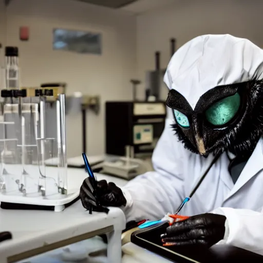 Image similar to mothman, wearing a labcoat, in a lab, writing on a clipboard