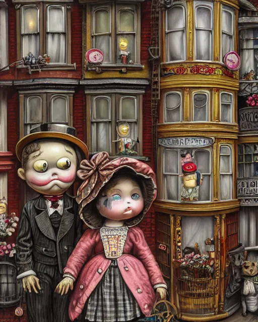 Image similar to highly detailed closeup, portrait of a tin toy victorian london streets, hyper realistic, artstation, illustration, nicoletta ceccoli, mark ryden, lostfish, dan decarlo, bob clampett, max fleischer, digital paint, matte paint, vivid colors, detailed and intricate environment