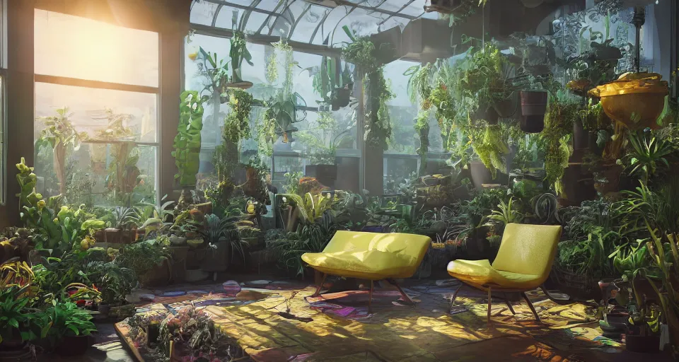 Prompt: Spongebob hanging out in a sunroom made of plants and filled with plants, sunlight coming in. intricate artwork. halo. octane render, cinematic, hyper realism, octane render, 8k, bokeh, dark, mist, illuminating fog, vibrant colors. scheme.