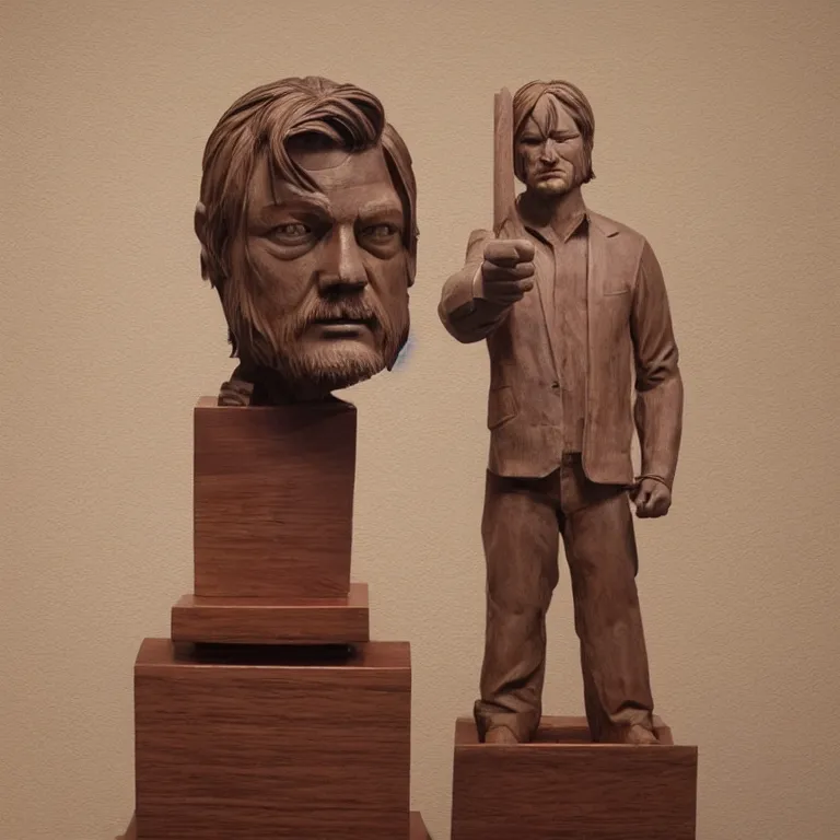 Prompt: enormous geometric minimalist accurate figurative sculpture of norman reedus pointing his finger, beautiful symmetrical!! face accurate face detailed face realistic proportions, hand - carved out of mahogany wood on a pedestal by stephan balkenhol and martin puryear, cinematic lighting shocking detail 8 k