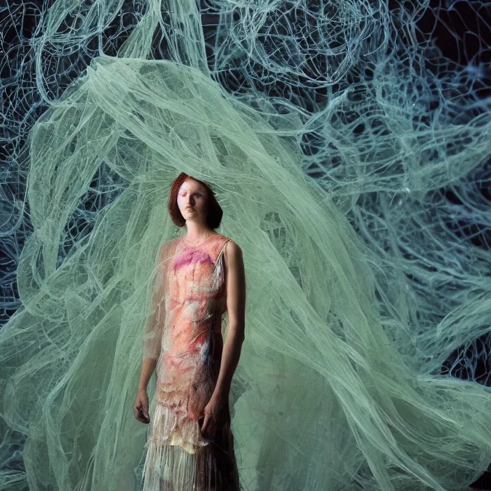 Image similar to a closeup portrait of a woman wearing a dress made of jelly fish and eels, standing in an empty park, color photograph, by vincent desiderio, canon eos c 3 0 0, ƒ 1. 8, 3 5 mm, 8 k, medium - format print