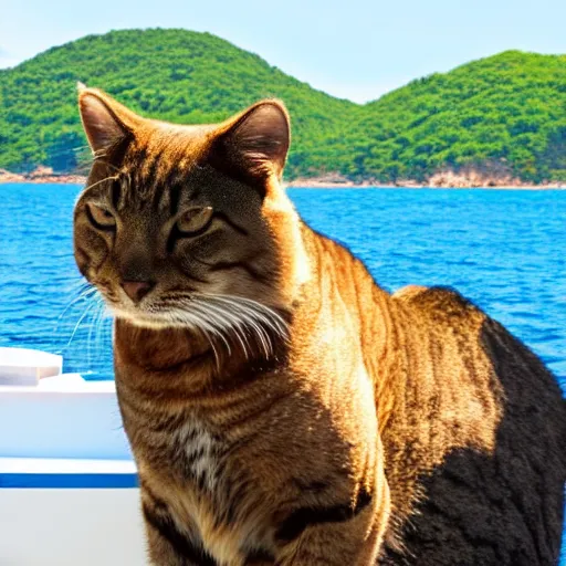 Image similar to A large cat on a small boat, funny, large island in the background, high quality,