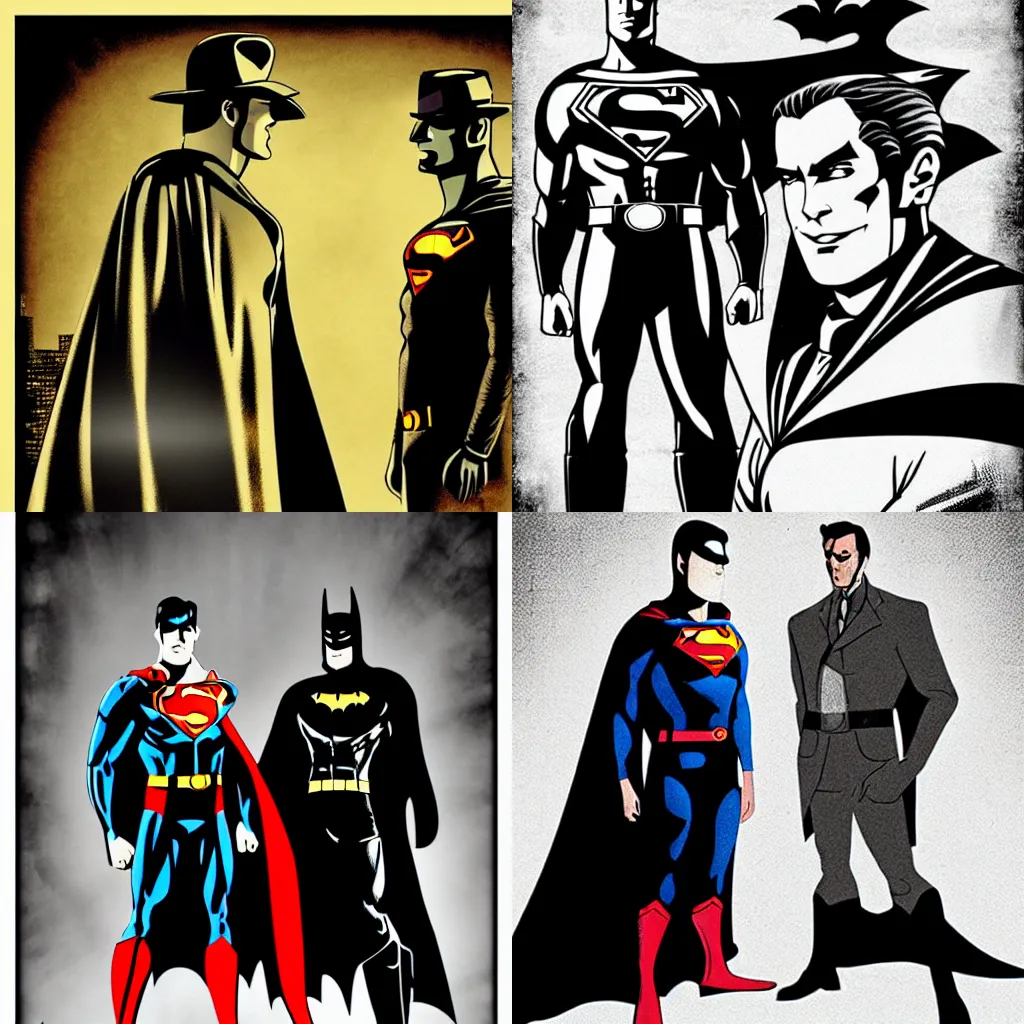 Prompt: a poster of superman and batman in film noir and steampunk style