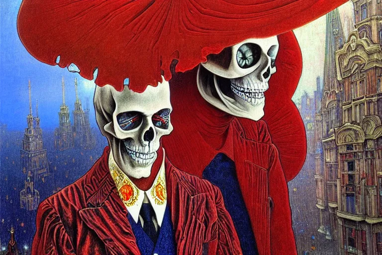 Image similar to realistic detailed closeup portrait painting of a single skeleton wearing red velvet blazer in a crowded futuristic moscow street by Jean Delville, Amano, Yves Tanguy, Alphonse Mucha, Ernst Haeckel, Edward Robert Hughes, Roger Dean, rich moody colours, blue eyes