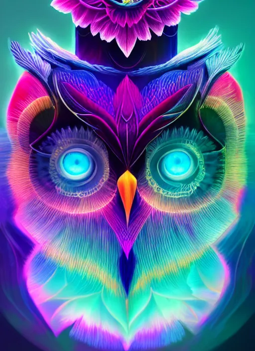 Image similar to symmetry!! product render poster vivid colors divine proportion owl, cosmos, glowing fog intricate, elegant, highly detailed, digital painting, artstation, concept art, smooth, sharp focus, illustration,