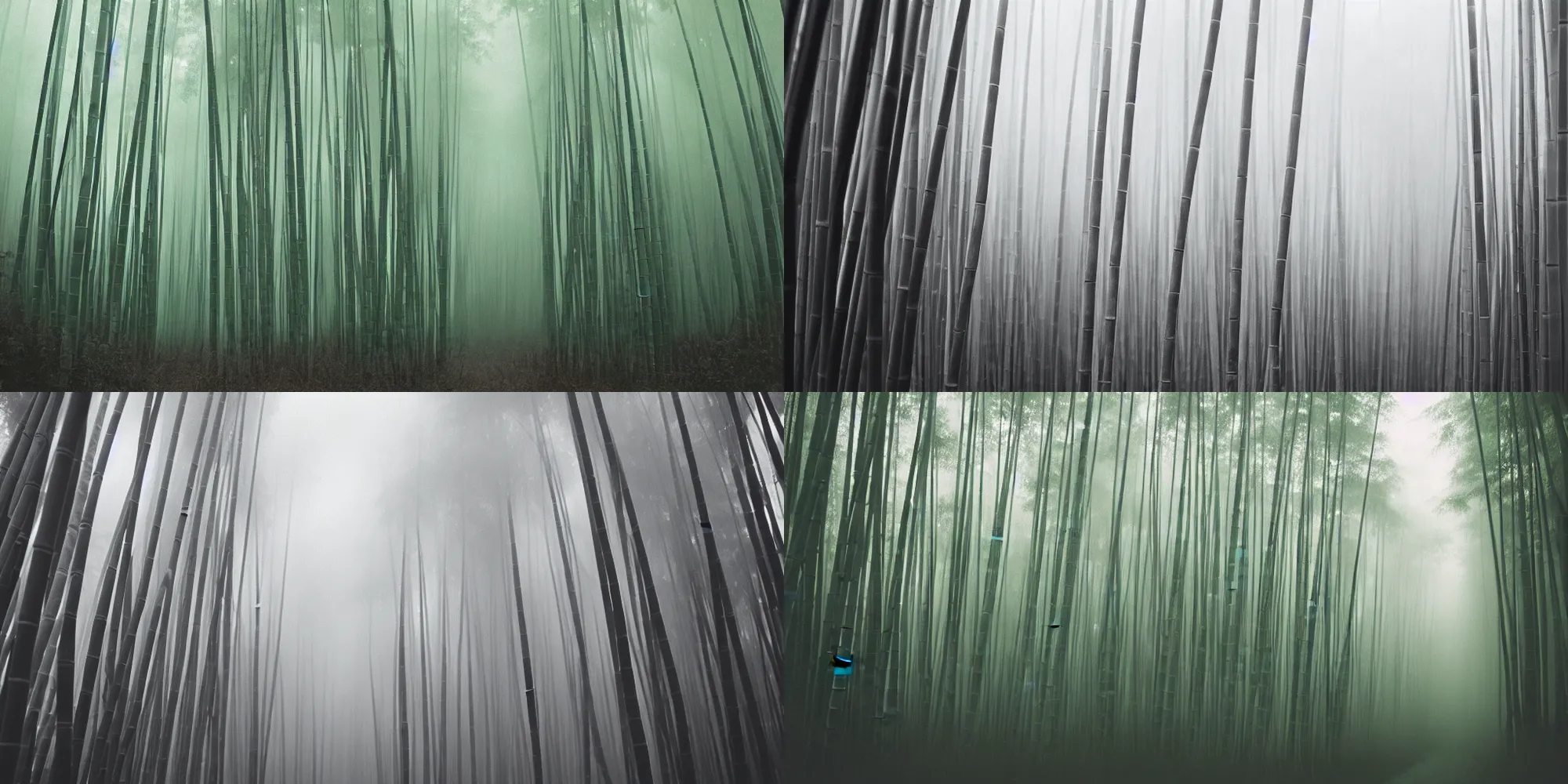 Prompt: a picture of a bamboo forest, ominous grey fog, atmospheric, 16mm, cinestill