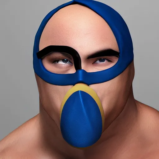 Image similar to muscular wrestler, bald, eyepatch, blue mask covering mouth, realistic,