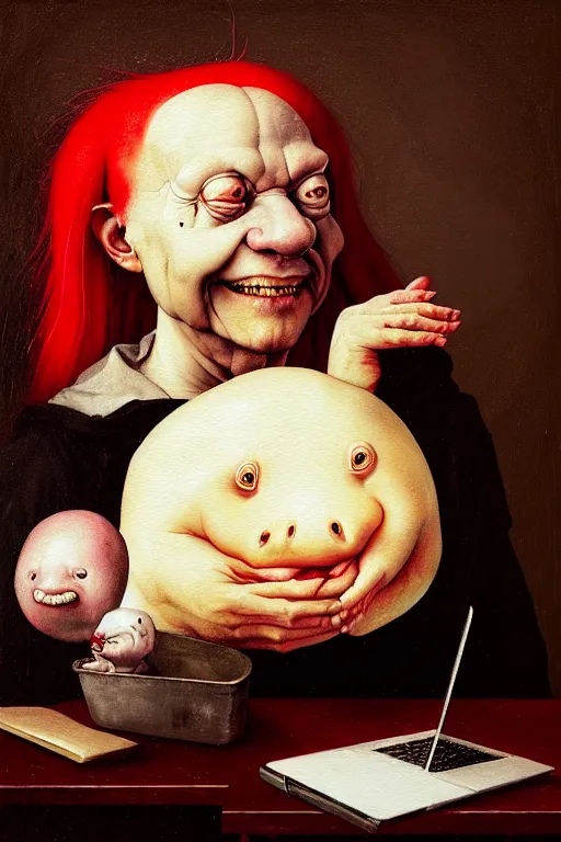 Image similar to hieronymus bosch, greg rutkowski, anna podedworna, painting of small extremely fat white blobfish with bright red hair smiling at a laptop