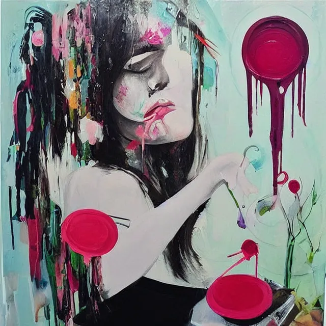 Image similar to “ a portrait in a female art student ’ s apartment, sensual, a pig theme, art supplies, paint tubes, ikebana, herbs, a candle dripping white wax, black walls, squashed berries, berry juice drips, acrylic and spray paint and oilstick on canvas, surrealism, neoexpressionism ”