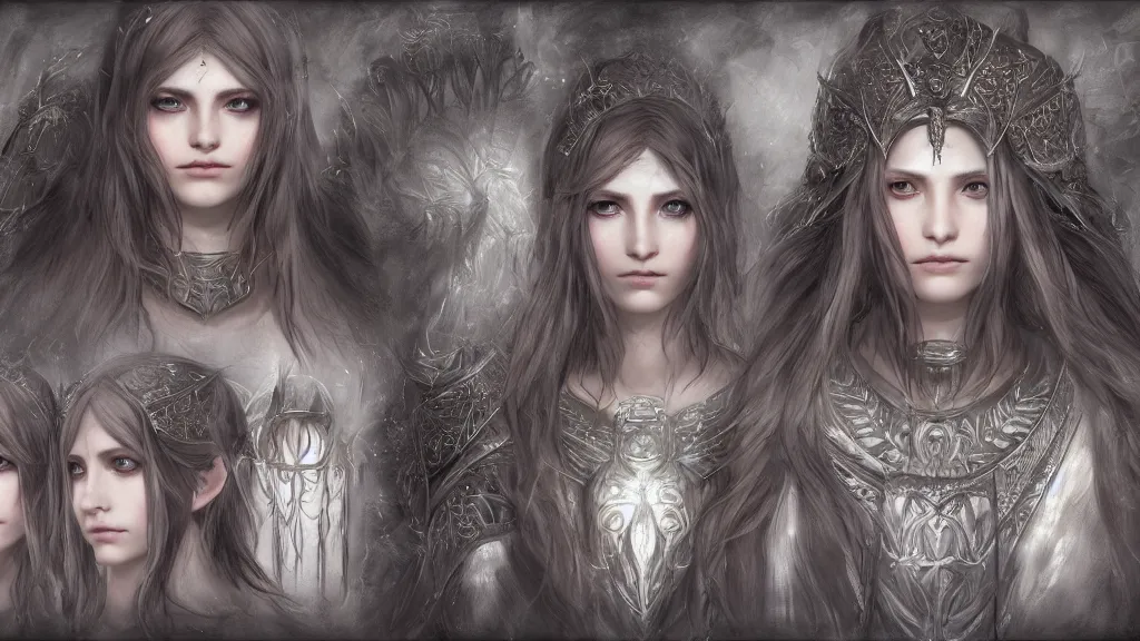 Image similar to concept art sheet, photorealistic symmetrical beautiful young female priestess with shiny hair wearing full intricate clothing, intricate, cg society, Elden Ring, darksouls, bloodborne