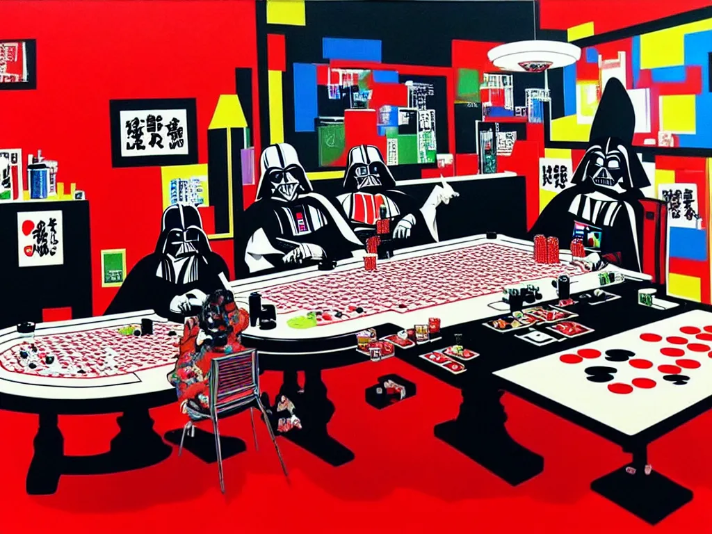 Prompt: hyper - realistic composition of a room with an extremely detailed poker table, croupier in traditional japanese kimono standing nearby, darth vader sitting at the table, fireworks in the background, pop art style, jackie tsai style, andy warhol style, acrylic on canvas