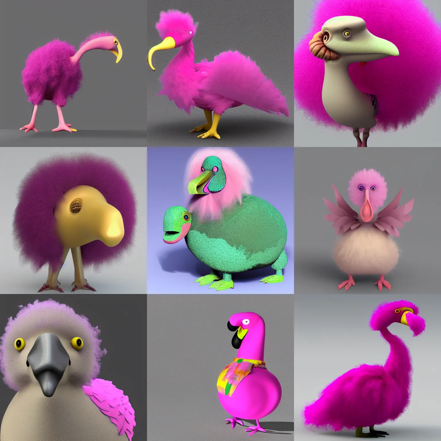 Prompt: a dodo with pink afro hair 3d model