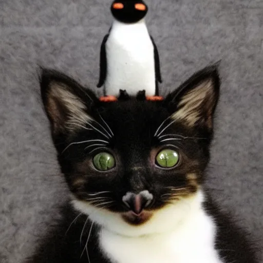 Prompt: a kitten with the body of a penguin but the head of a kitten.