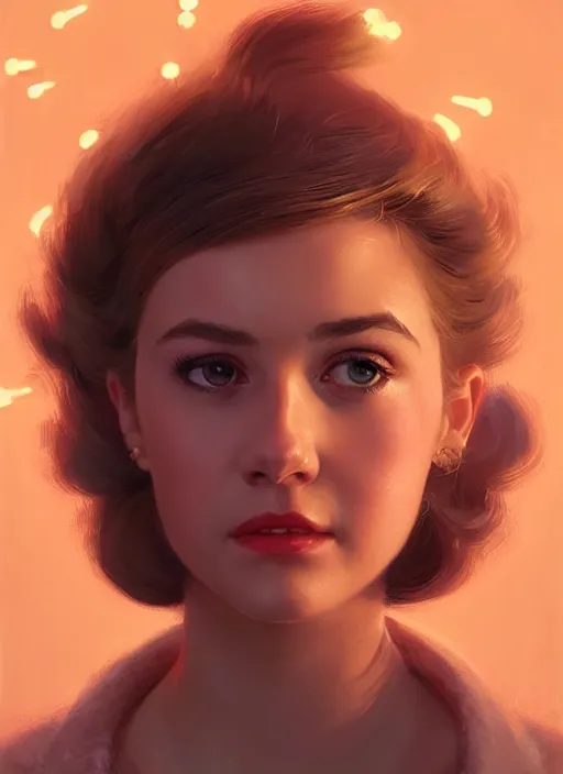 Image similar to portrait of betty cooper with fluffy bangs, bangs, 1 9 6 0 s, ponytail, curly bangs and ponytail, rounder face, intricate, elegant, glowing lights, highly detailed, digital painting, artstation, concept art, smooth, sharp focus, illustration, art by wlop, mars ravelo and greg rutkowski